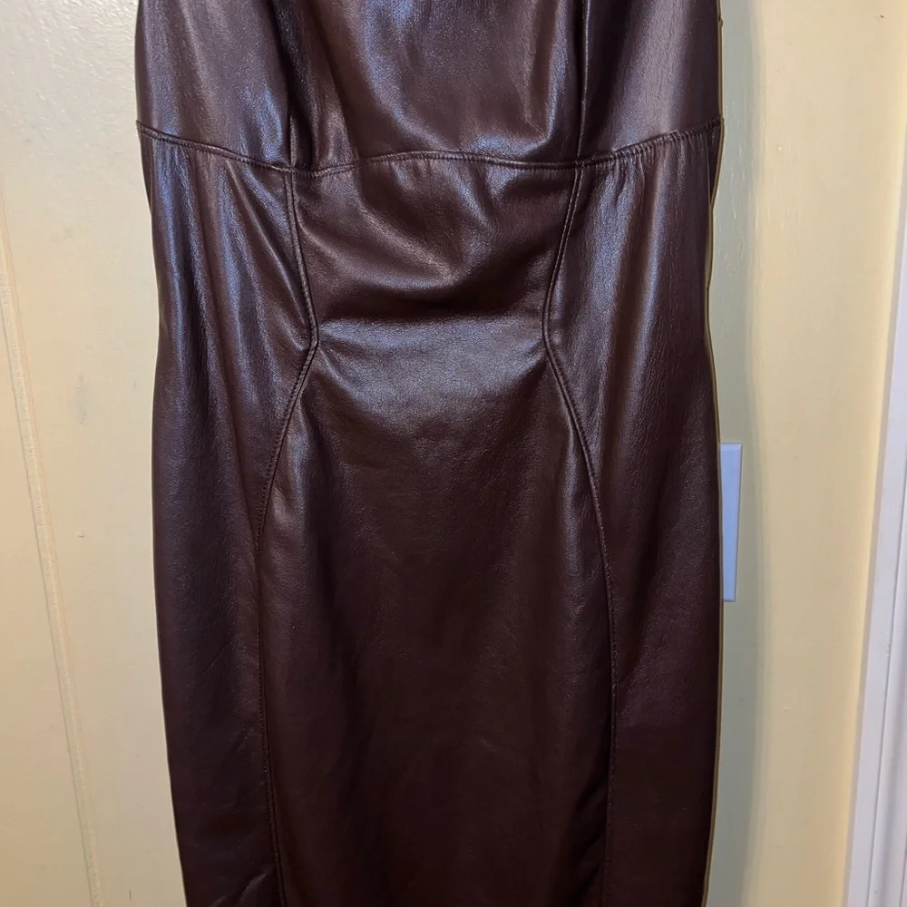 House of CB Brown Vegan Leather Sleeveless Maxi Dress Slit Back Bodycon Size L - Picture 7 of 11